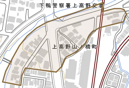 上高野山ノ橋町とその周辺の地図。町の範囲を重ねている
