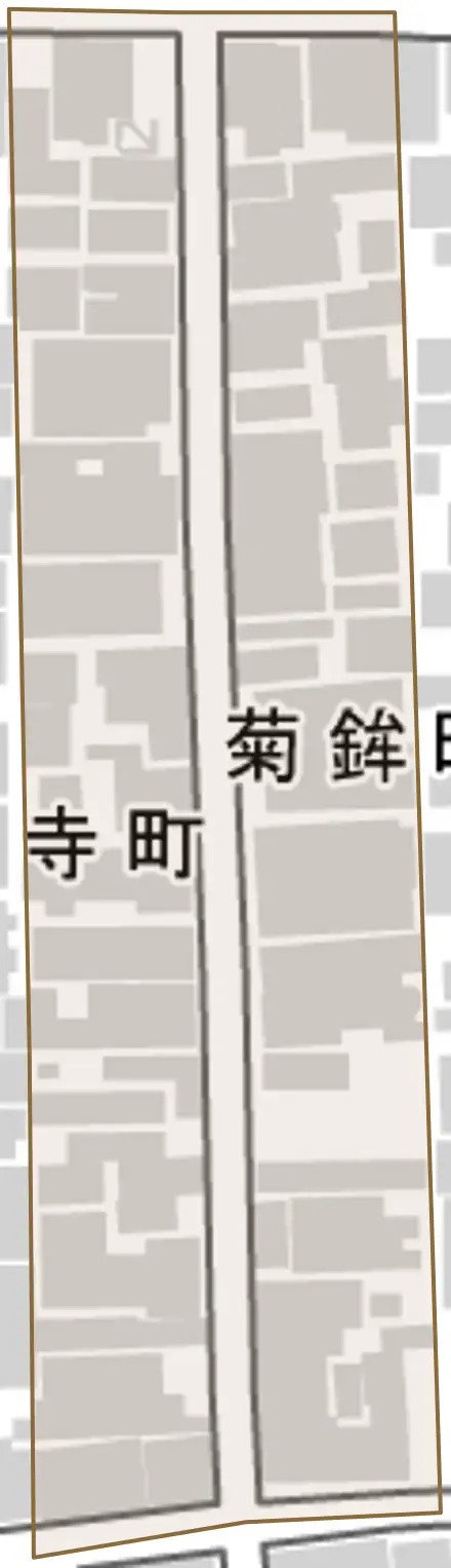菊鉾町とその周辺の地図。町の範囲を重ねている