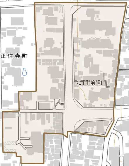 北門前町とその周辺の地図。町の範囲を重ねている