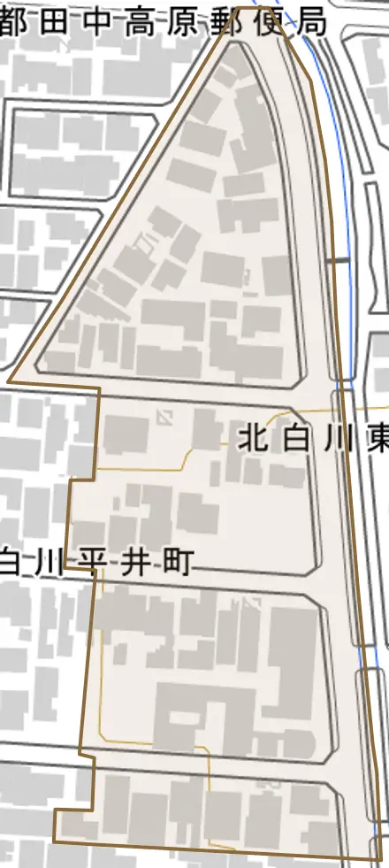 北白川東平井町とその周辺の地図。町の範囲を重ねている