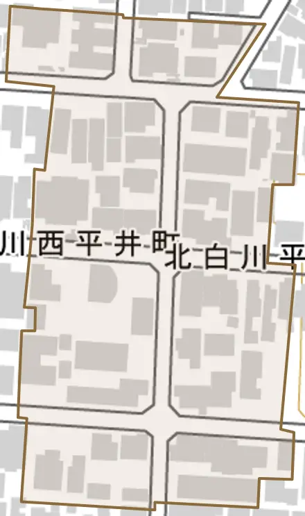 北白川平井町とその周辺の地図。町の範囲を重ねている
