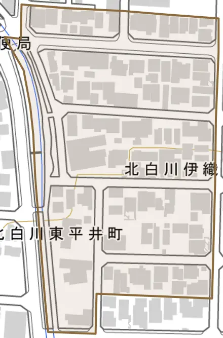 北白川伊織町とその周辺の地図。町の範囲を重ねている