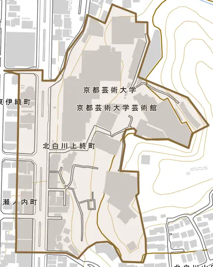 北白川上終町とその周辺の地図。町の範囲を重ねている