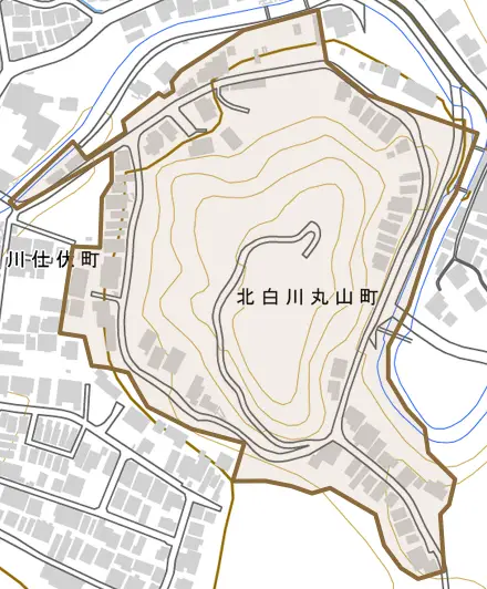 北白川丸山町とその周辺の地図。町の範囲を重ねている