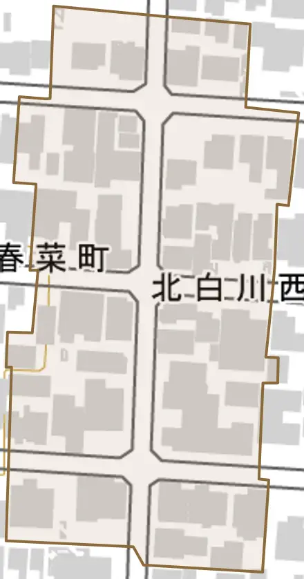 北白川西平井町とその周辺の地図。町の範囲を重ねている