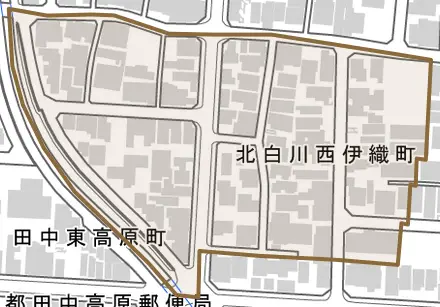 北白川西伊織町とその周辺の地図。町の範囲を重ねている