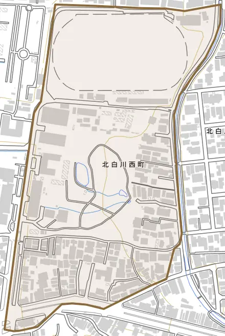 北白川西町とその周辺の地図。町の範囲を重ねている