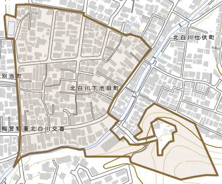 北白川下池田町とその周辺の地図。町の範囲を重ねている