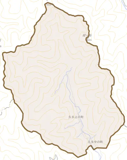 久多上の町とその周辺の地図。町の範囲を重ねている