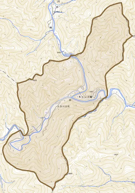 久多川合町とその周辺の地図。町の範囲を重ねている