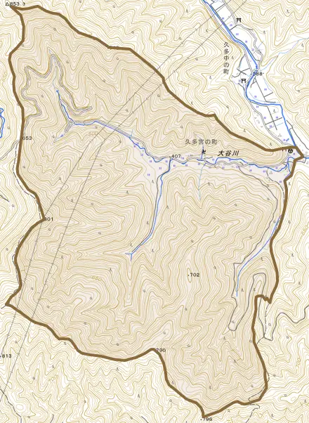 久多宮の町とその周辺の地図。町の範囲を重ねている