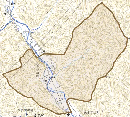 久多中の町とその周辺の地図。町の範囲を重ねている