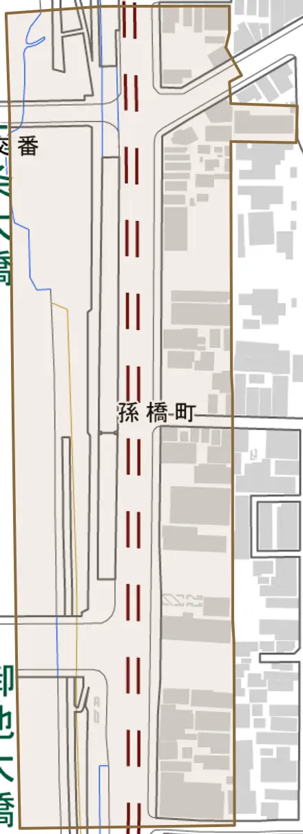孫橋町とその周辺の地図。町の範囲を重ねている