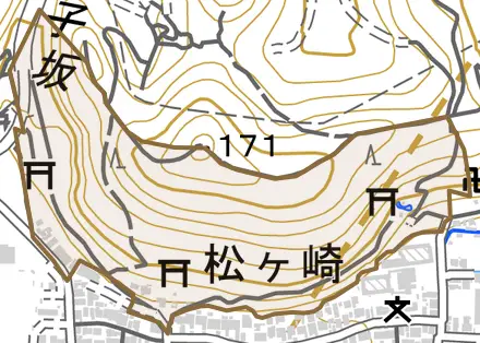 松ケ崎林山とその周辺の地図。町の範囲を重ねている
