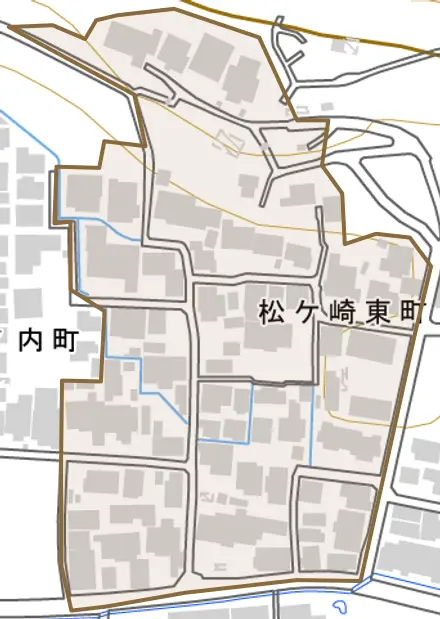 松ケ崎東町とその周辺の地図。町の範囲を重ねている