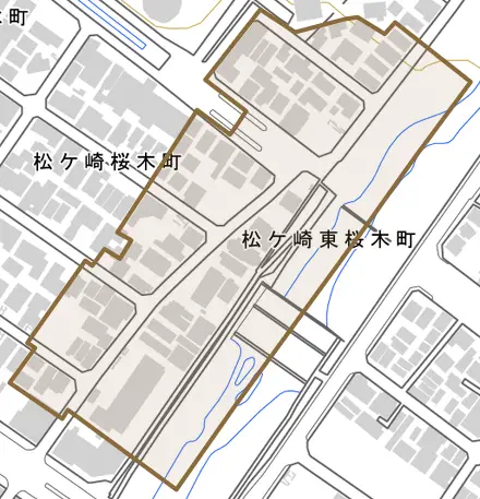 松ケ崎東桜木町とその周辺の地図。町の範囲を重ねている
