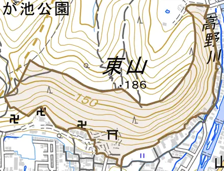 松ケ崎東山とその周辺の地図。町の範囲を重ねている
