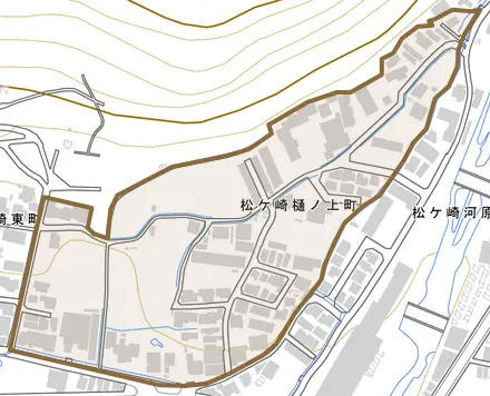 松ケ崎樋ノ上町とその周辺の地図。町の範囲を重ねている