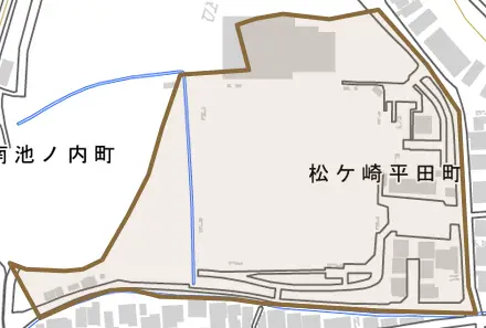 松ケ崎平田町とその周辺の地図。町の範囲を重ねている