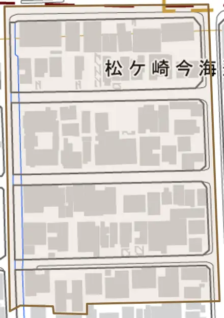 松ケ崎今海道町とその周辺の地図。町の範囲を重ねている