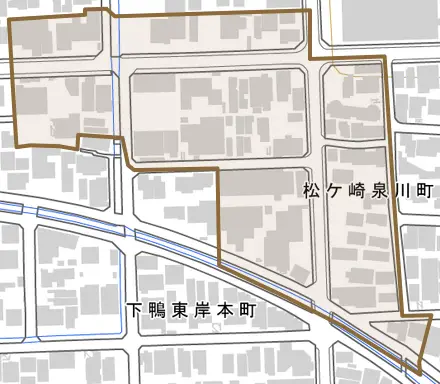松ケ崎泉川町とその周辺の地図。町の範囲を重ねている