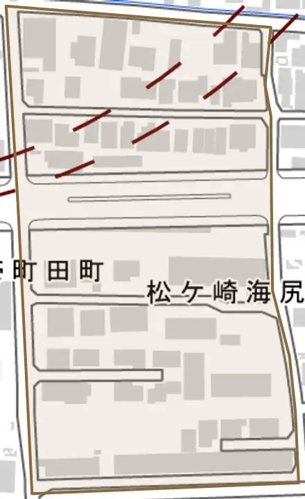 松ケ崎海尻町とその周辺の地図。町の範囲を重ねている