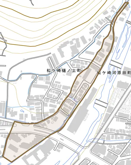 松ケ崎河原田町とその周辺の地図。町の範囲を重ねている