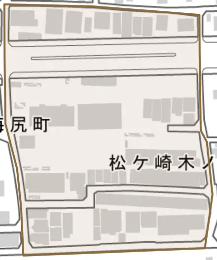 松ケ崎木ノ本町とその周辺の地図。町の範囲を重ねている