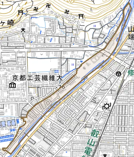 松ケ崎小竹藪町とその周辺の地図。町の範囲を重ねている