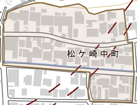 松ケ崎中町とその周辺の地図。町の範囲を重ねている