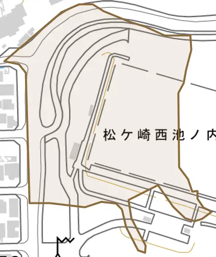 松ケ崎西池ノ内町とその周辺の地図。町の範囲を重ねている