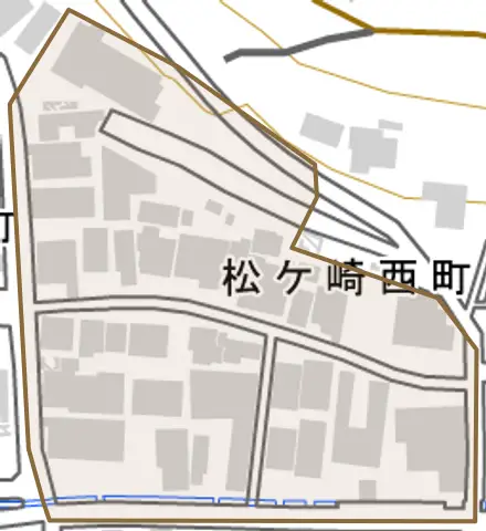 松ケ崎西町とその周辺の地図。町の範囲を重ねている