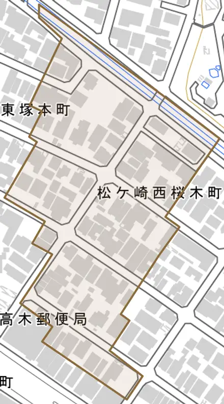 松ケ崎西桜木町とその周辺の地図。町の範囲を重ねている