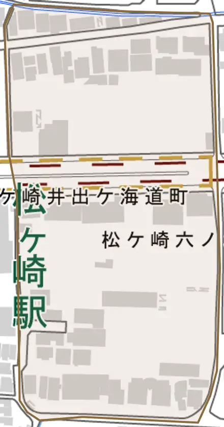 松ケ崎六ノ坪町とその周辺の地図。町の範囲を重ねている