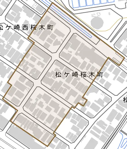 松ケ崎桜木町とその周辺の地図。町の範囲を重ねている