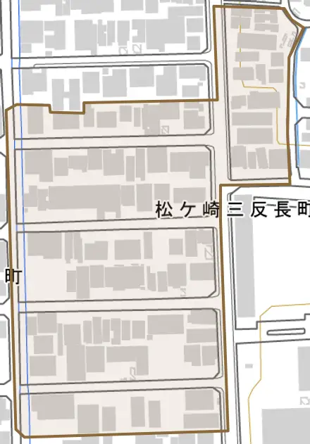 松ケ崎三反長町とその周辺の地図。町の範囲を重ねている