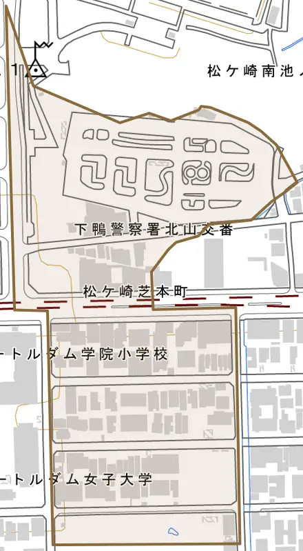 松ケ崎芝本町とその周辺の地図。町の範囲を重ねている