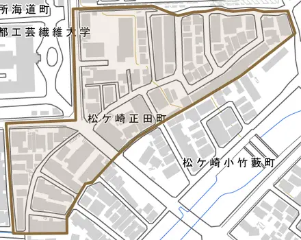 松ケ崎正田町とその周辺の地図。町の範囲を重ねている