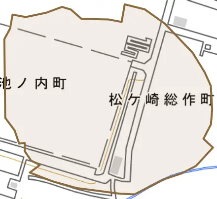 松ケ崎総作町とその周辺の地図。町の範囲を重ねている