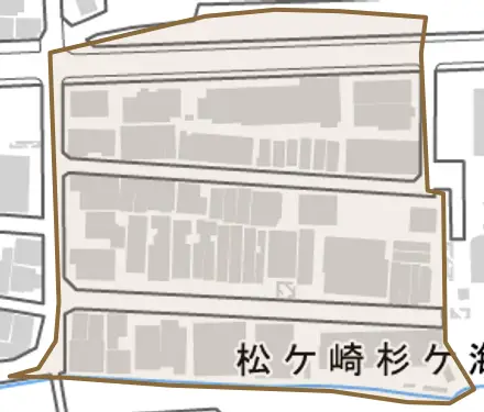 松ケ崎杉ケ海道町とその周辺の地図。町の範囲を重ねている