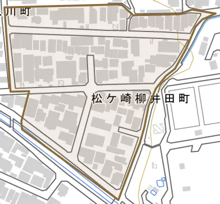 松ケ崎柳井田町とその周辺の地図。町の範囲を重ねている