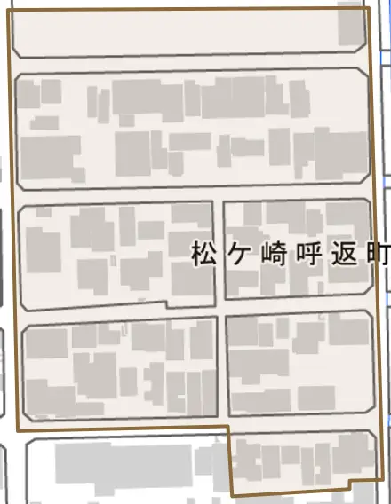 松ケ崎呼返町とその周辺の地図。町の範囲を重ねている
