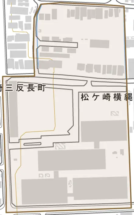 松ケ崎横縄手町とその周辺の地図。町の範囲を重ねている