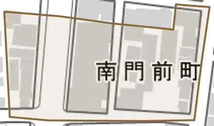 南門前町とその周辺の地図。町の範囲を重ねている