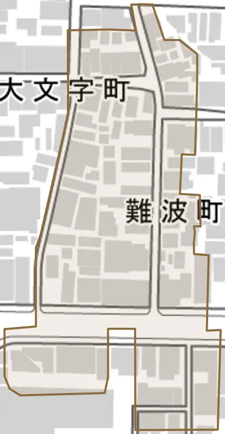 難波町とその周辺の地図。町の範囲を重ねている
