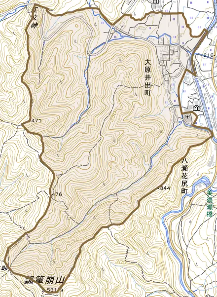 大原井出町とその周辺の地図。町の範囲を重ねている