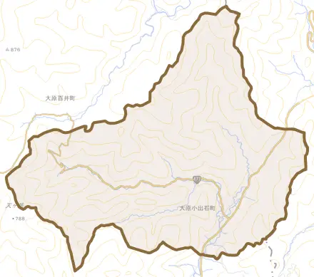 大原小出石町とその周辺の地図。町の範囲を重ねている