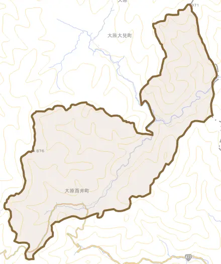 大原百井町とその周辺の地図。町の範囲を重ねている