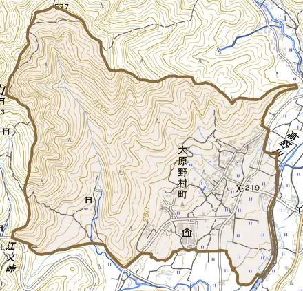 大原野村町とその周辺の地図。町の範囲を重ねている