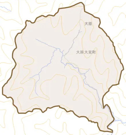 大原大見町とその周辺の地図。町の範囲を重ねている